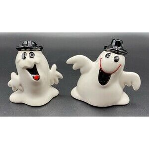 Vintage Halloween Happy Ghost Figurines Black Hat Lot 2 L&L Dallas 3"